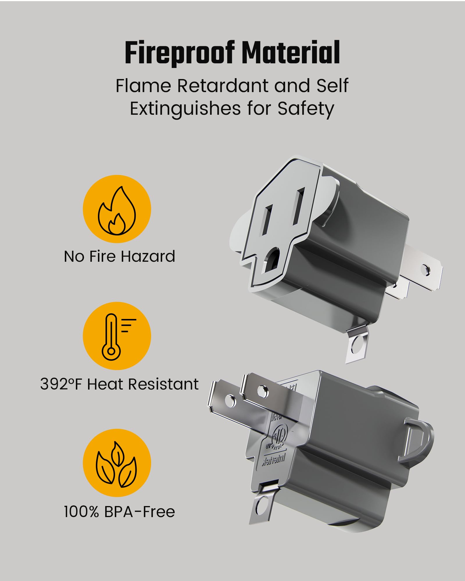 2 Prong to 3 Prong Outlet Adapter, ETL Listed 3-2 Prong Adapter, Fire-Retardant (392℉) PBT Material, Heavy Duty Wall Plug Adapter for Old Homes, Travel to Japan, Gray (10-Pack)