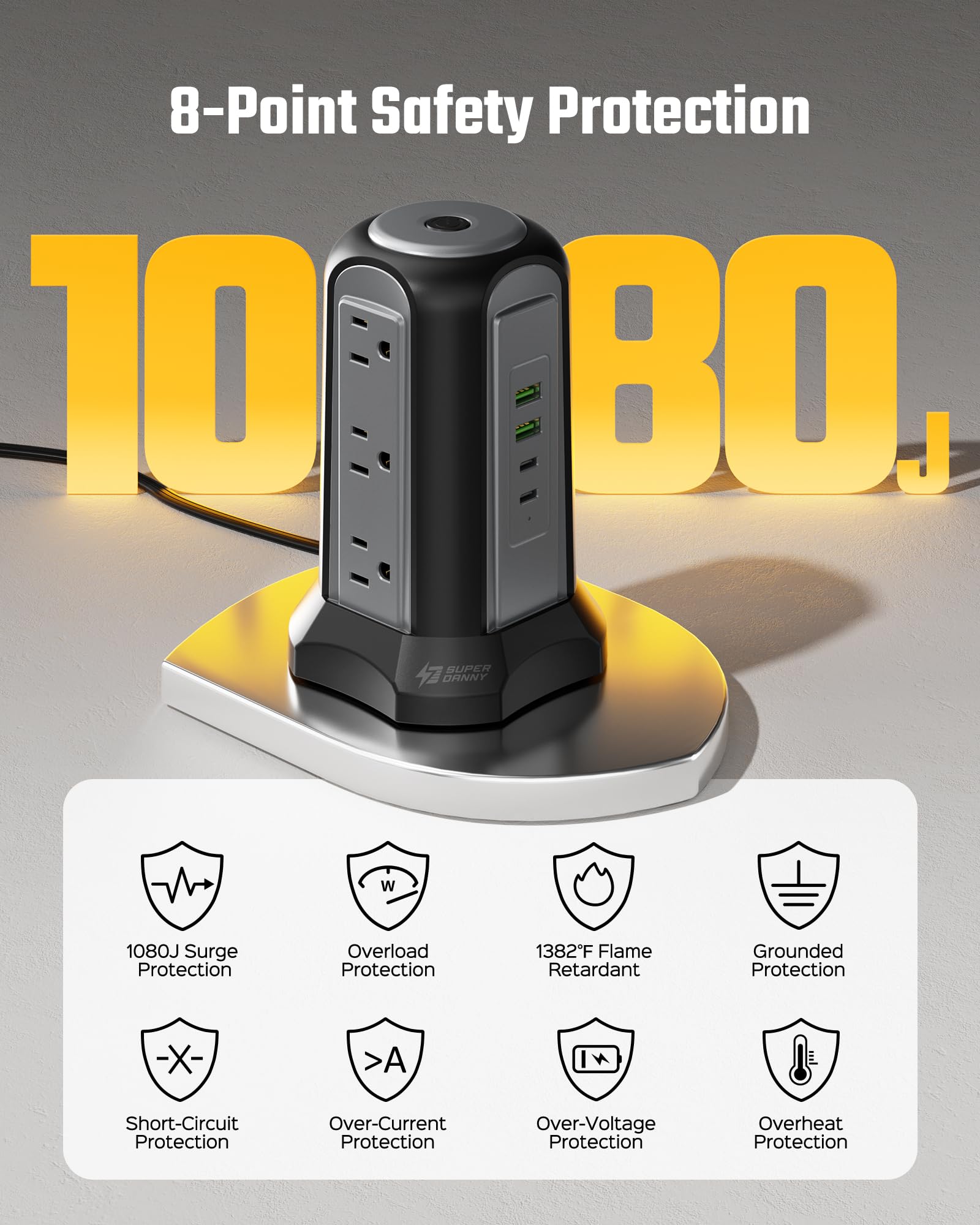 Power Strip Tower Surge Protector, SUPERDANNY Desktop Charging Station, Flat Plug Extension Cord, 9 Outlets, 4 USB (2 USB-C), 1080J, Multiple Protections Outlet Extender for Home, Office, Dorm