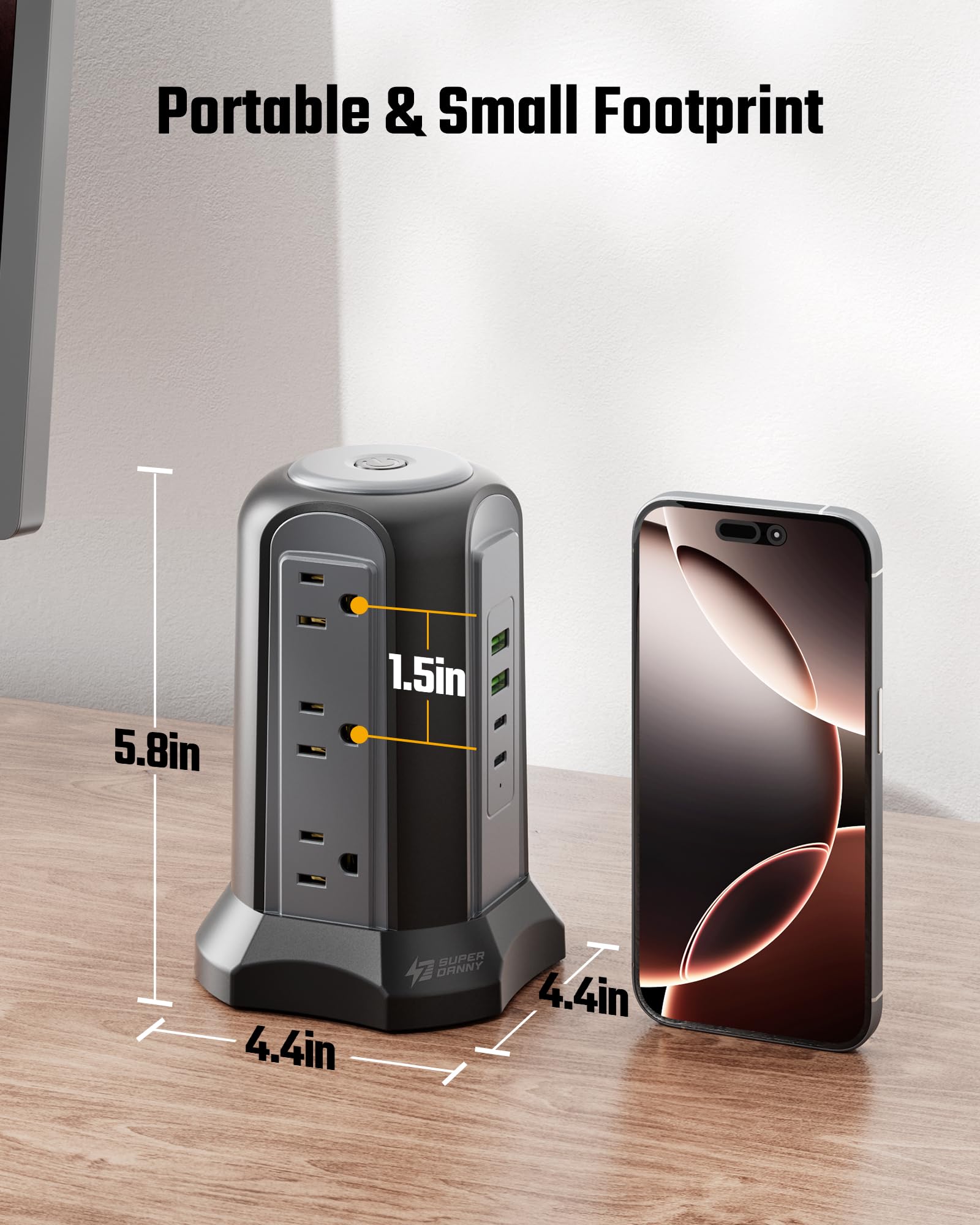 Power Strip Tower Surge Protector, SUPERDANNY Desktop Charging Station, Flat Plug Extension Cord, 9 Outlets, 4 USB (2 USB-C), 1080J, Multiple Protections Outlet Extender for Home, Office, Dorm