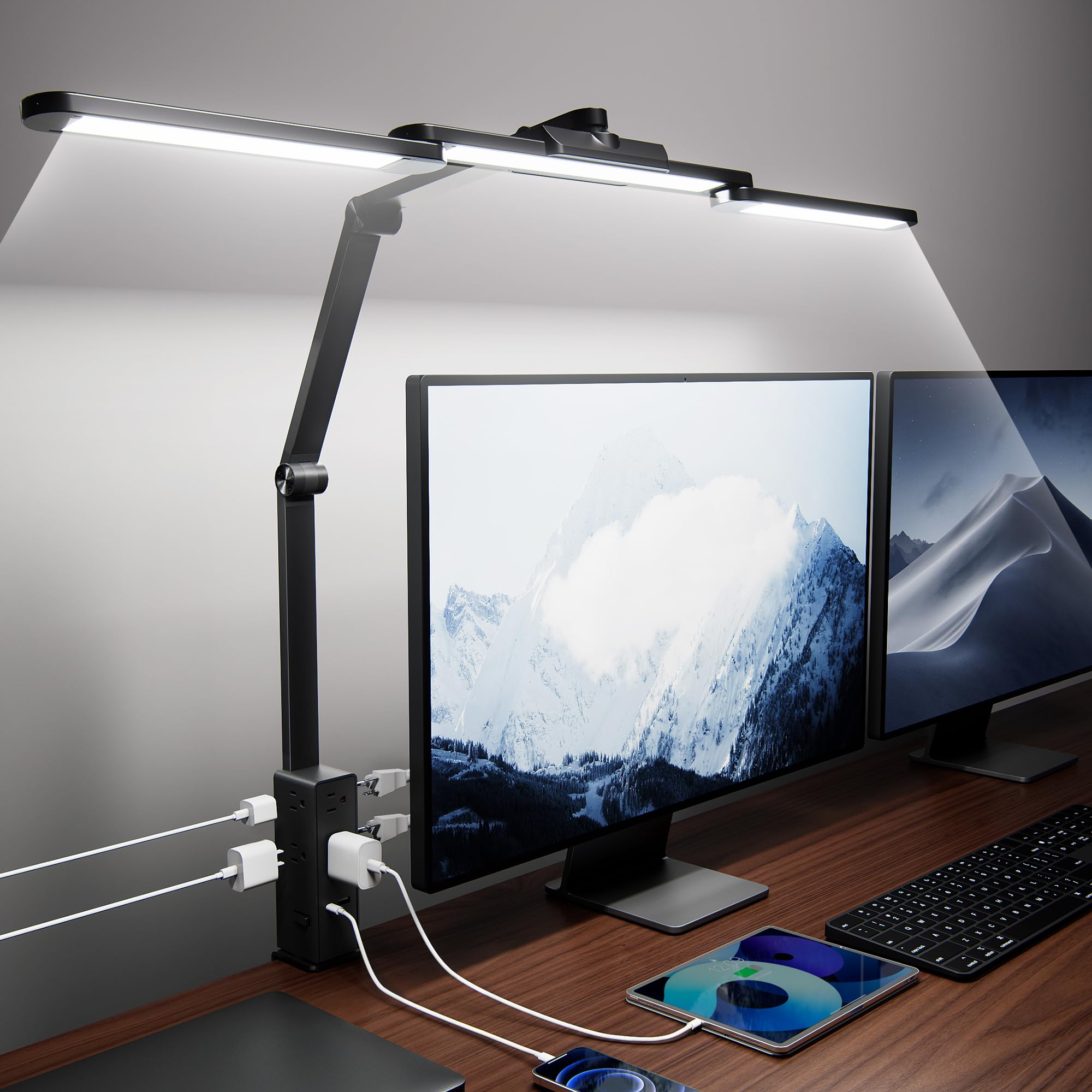 SUPERDANNY LED Desk Lamp with Power Strip (6 Outlets, 1 USB, 1 Type-C) for Home Office, Desk Light Computer Light with Clamp, Architect Desk Lamp with Smooth Dimming 5 Colors Touch & Wave Control