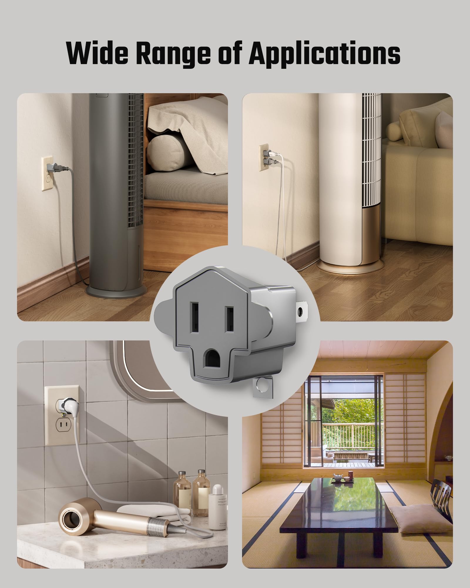 2 Prong to 3 Prong Outlet Adapter, ETL Listed 3-2 Prong Adapter, Fire-Retardant (392℉) PBT Material, Heavy Duty Wall Plug Adapter for Old Homes, Travel to Japan, Gray (10-Pack)