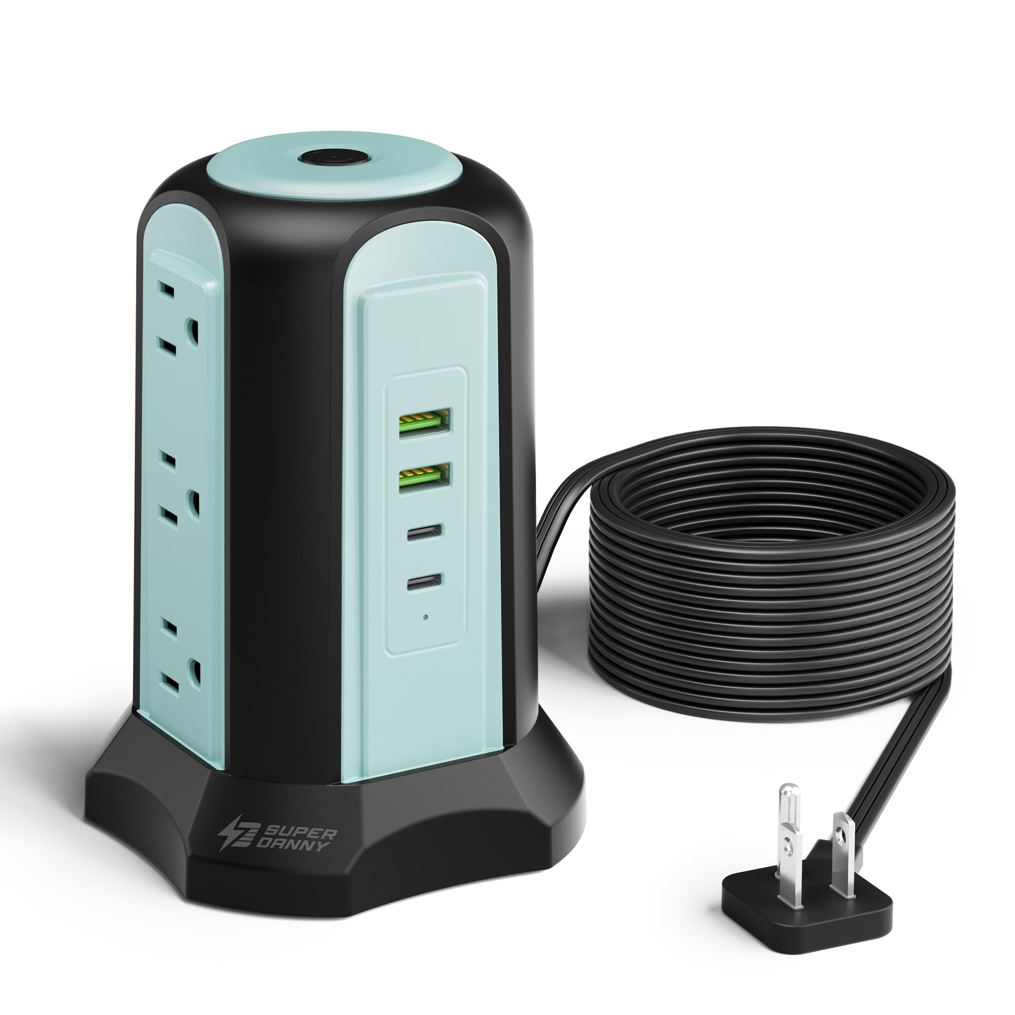 15Ft Long Extension Cord Power Strip Tower Surge Protector, Desktop Charging Station with Multiple Outlets, 9 Outlets, 4 USB (2 USB-C), 1080J Multiple Protections Outlet Extender for Home Office Blue