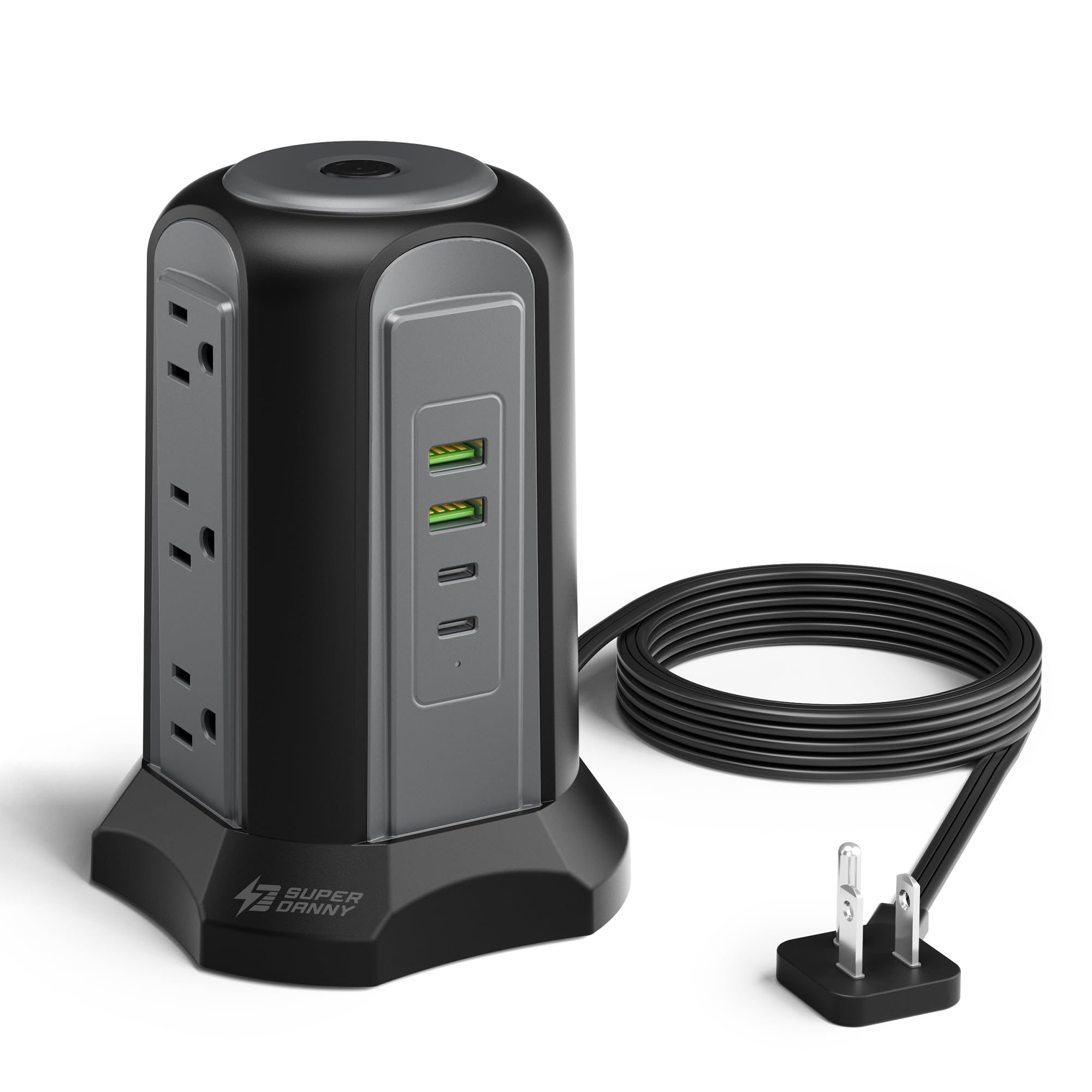 Power Strip Tower Surge Protector, SUPERDANNY Desktop Charging Station, Flat Plug Extension Cord, 9 Outlets, 4 USB (2 USB-C), 1080J, Multiple Protections Outlet Extender for Home, Office, Dorm