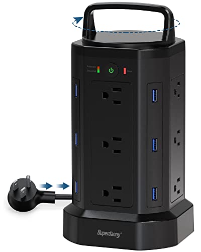 Power Strip Tower Cord Retracting 12 Widely Spaced AC Outlets