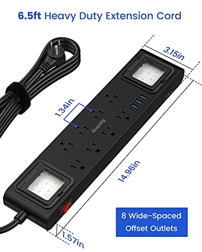 Surge Protector 8 Outlets 3 USB Ports Worklights 15A Heavy Duty Cord