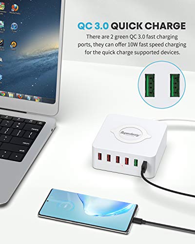 6 USB Charger with Wireless Charging Station, White