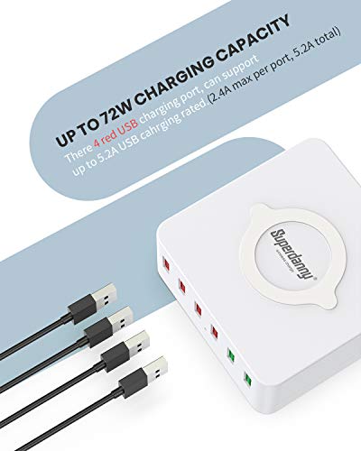 6 USB Charger with Wireless Charging Station, White