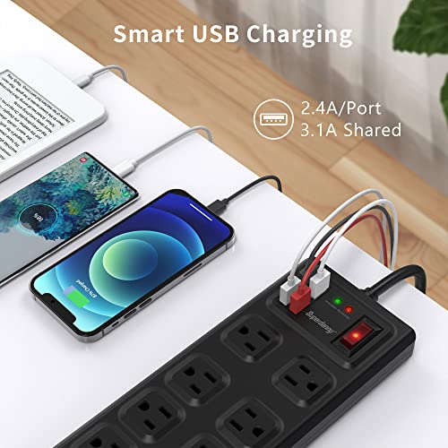 15A 10 Outlet Power Strip Surge Protector 2800J 4 USB Ports