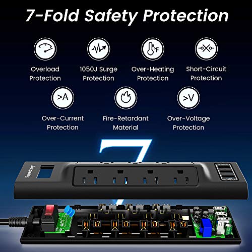 7 Outlets 3 USB Ports Wide Spaced Surge Protector